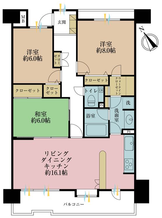 間取り ３ＬＤＫ、専有面積８３．６４平米、バルコニー面積１２．８５平米