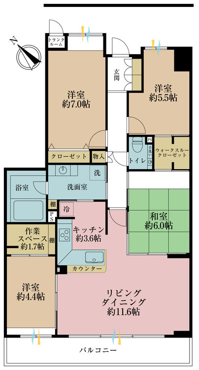 間取り ４ＬＤＫ、専有面積９０．１５平米、バルコニー面積１６平米