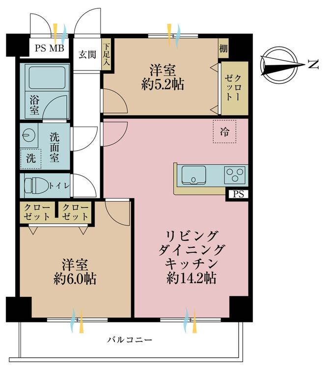 その他 2LDK、専有面積57.8m2、バルコニー面積7.62m2