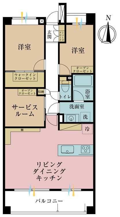 間取り 2LDK+S（納戸）、専有面積66m2、バルコニー面積11.1m2