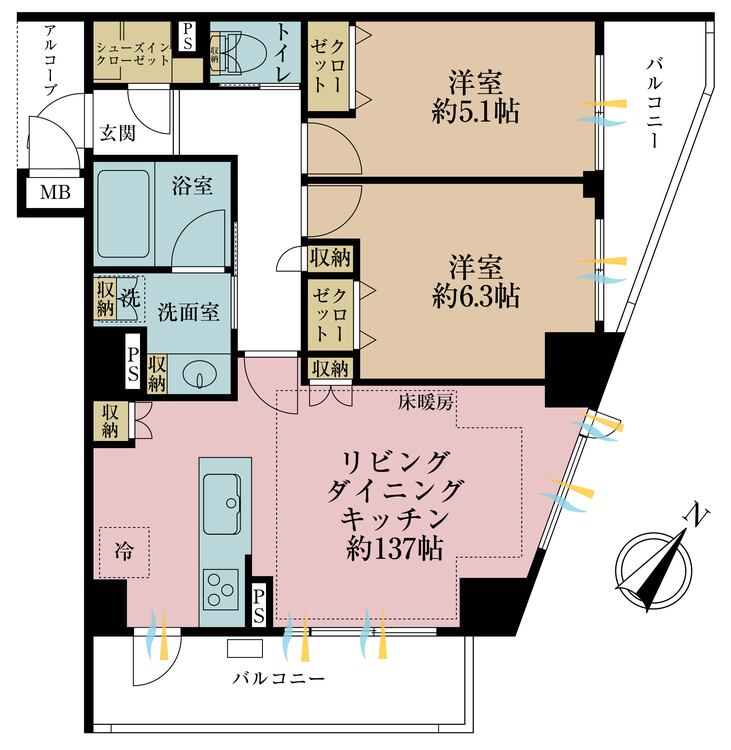 その他 2LDK、専有面積61.53m2、バルコニー面積11.1m2
