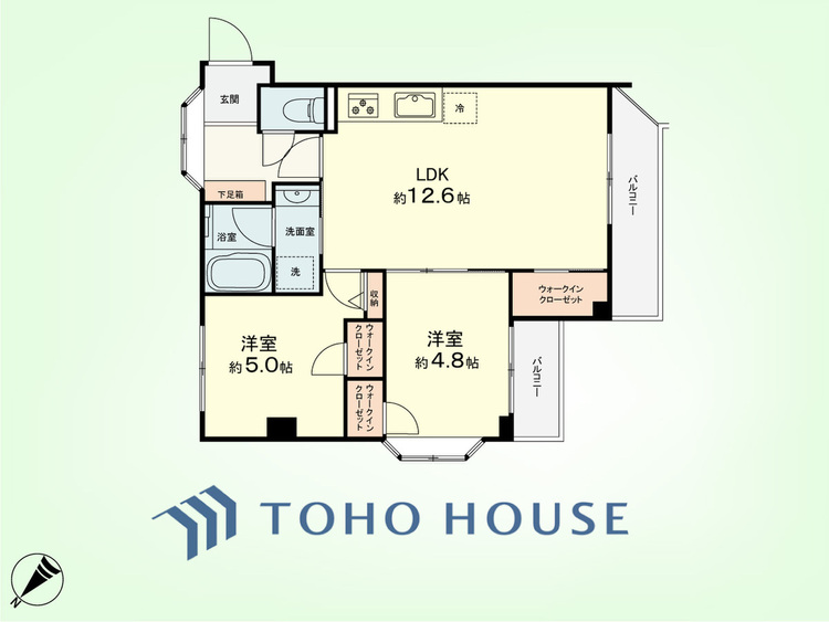 間取り 3LDK　専有面積49.58平米、バルコニー面積6.30平米