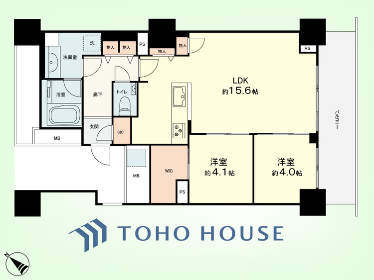 間取り 2LDK　専有面積59.16平米、バルコニー面積9.9平米