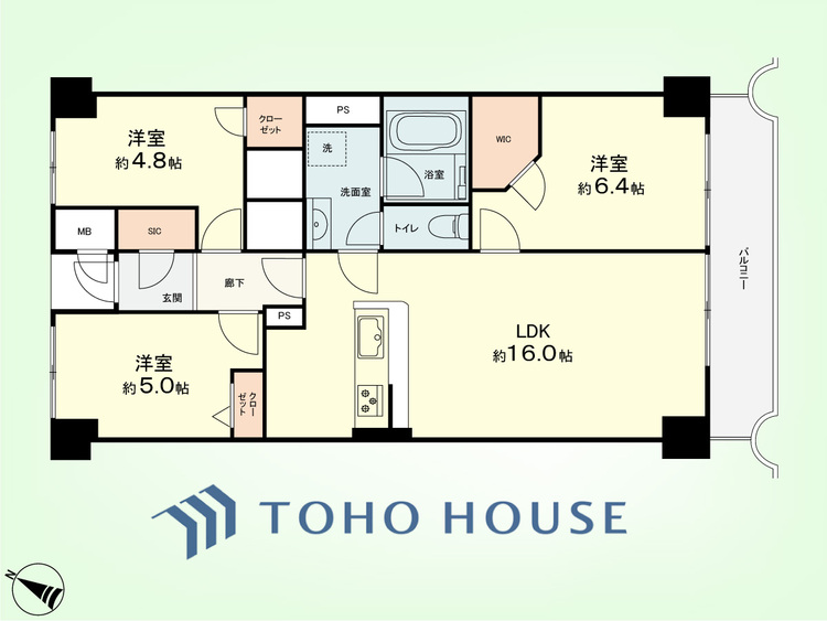 間取り 3LDK　専有面積71.49平米、バルコニー面積7.19平米