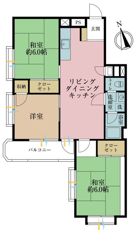 間取り 3LDK、専有面積62.14?、バルコニー面積5?