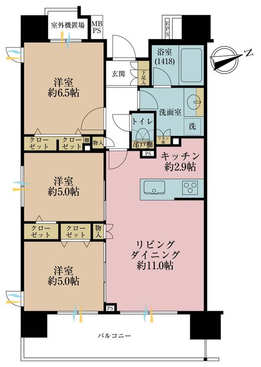 間取り 3LDK、専有面積66.43?、バルコニー面積11.56? 