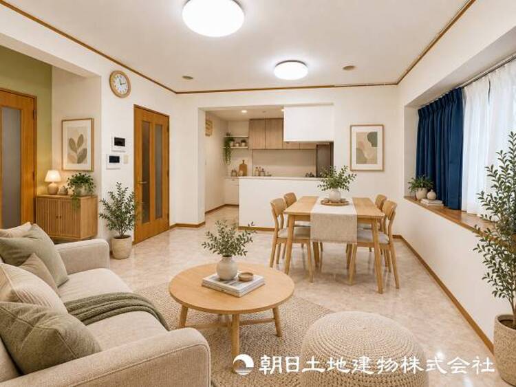 居間 【リビング】1日の中で最も長い時間を過ごすことになるリビングだからこそいつも笑顔があふれる空間であるように心掛けています。※本画像は、CGで作成しており、実際に現地に家具は置かれておりません。
