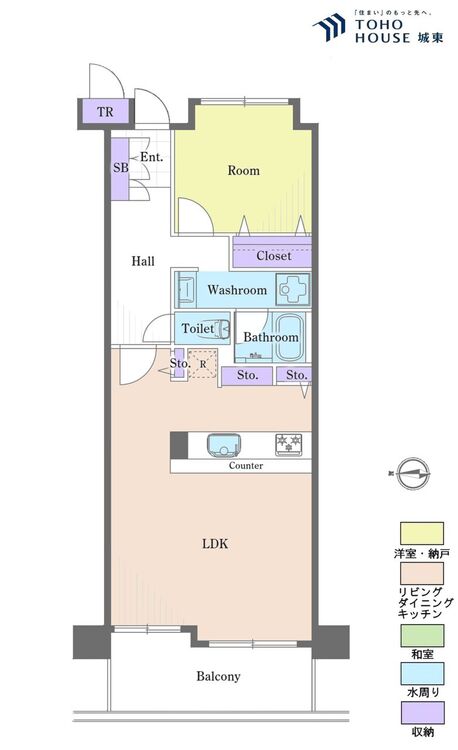 間取り １ＬＤＫ、専有面積５５．４平米、バルコニー面積８．４２平米