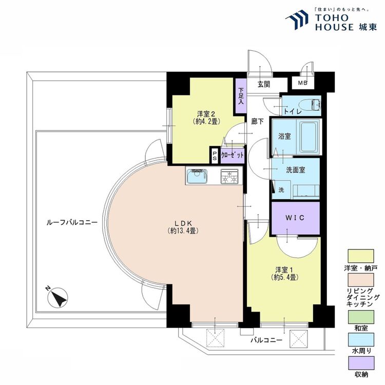 間取り ２ＬＤＫ、専有面積５３．３９平米、バルコニー面積４．２９平米