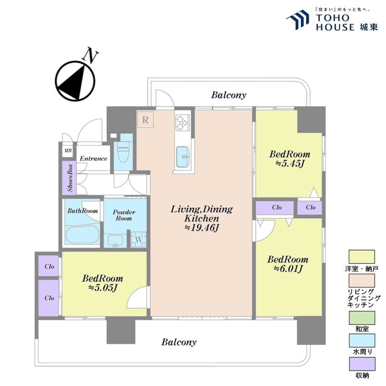 間取り ３ＬＤＫ、専有面積７５．４９平米、バルコニー面積２４．３４平米