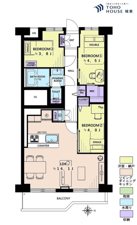 間取り ３ＬＤＫ、専有面積６１．０２平米、バルコニー面積６．６２平米