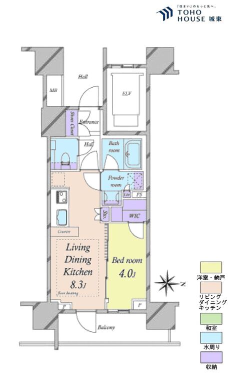 間取り １ＬＤＫ、専有面積３２．８５平米、バルコニー面積６．９２平米