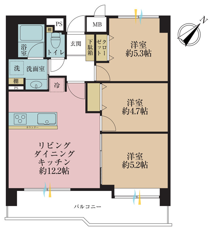 間取り 3LDK、専有面積59.11m2、バルコニー面積10.68m2