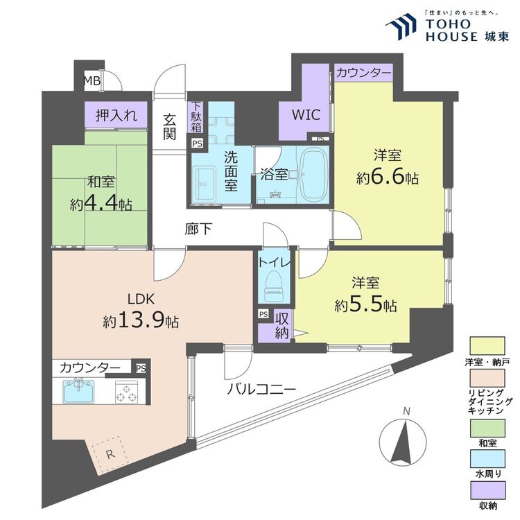 間取り ３ＬＤＫ、専有面積７１．４９平米、バルコニー面積７．３３平米
