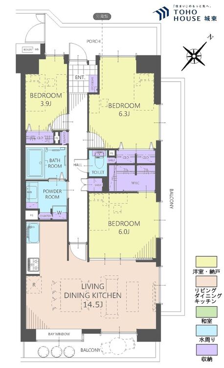 間取り ３ＬＤＫ、専有面積７８．５４平米、バルコニー面積２０．９６平米