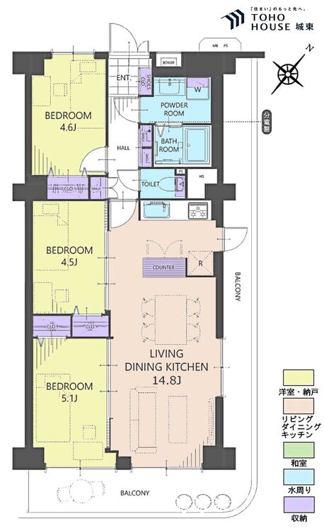 間取り ３ＬＤＫ、専有面積６７．２平米、バルコニー面積２１．０２平米