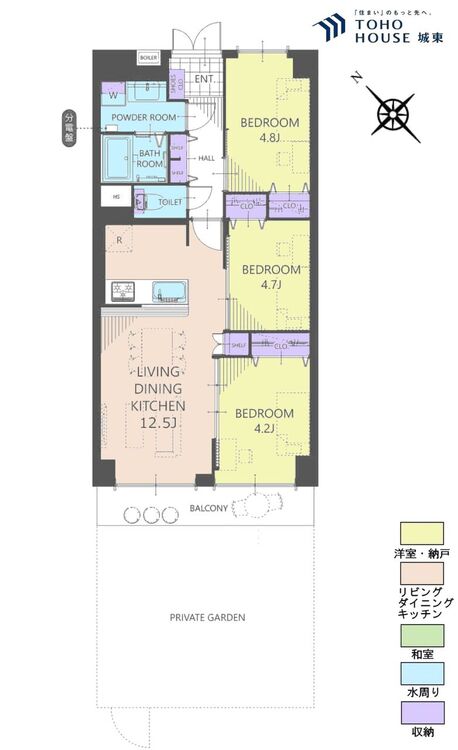 間取り ３ＬＤＫ、専有面積６１．６平米、バルコニー面積７．８４平米