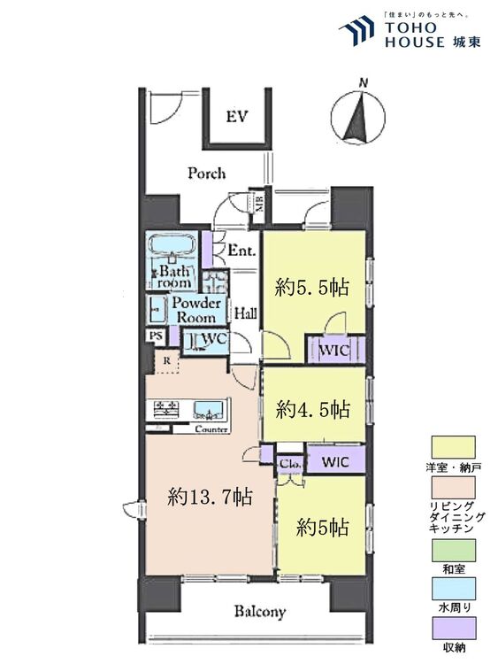 間取り ３ＬＤＫ、専有面積６４．９６平米、バルコニー面積１１．５２平米