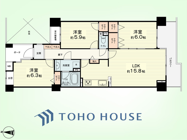 間取り 3LDK　専有面積77.04平米、バルコニー面積9.01平米