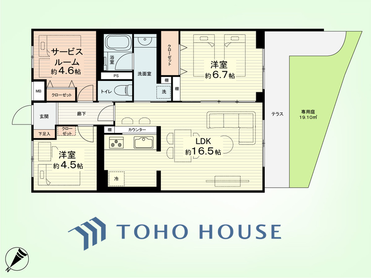 間取り 2SLDK　専有面積70.00平米、バルコニー面積9.39平米、専有庭面積19.10平米