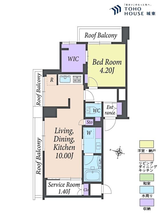 間取り １ＬＤＫ、専有面積４４．５９平米、バルコニー面積７．４２平米