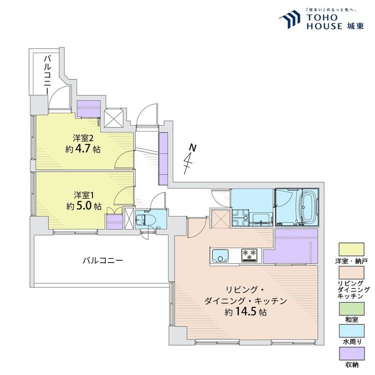 間取り ２ＬＤＫ、専有面積５９．４８平米、バルコニー面積１０．８平米