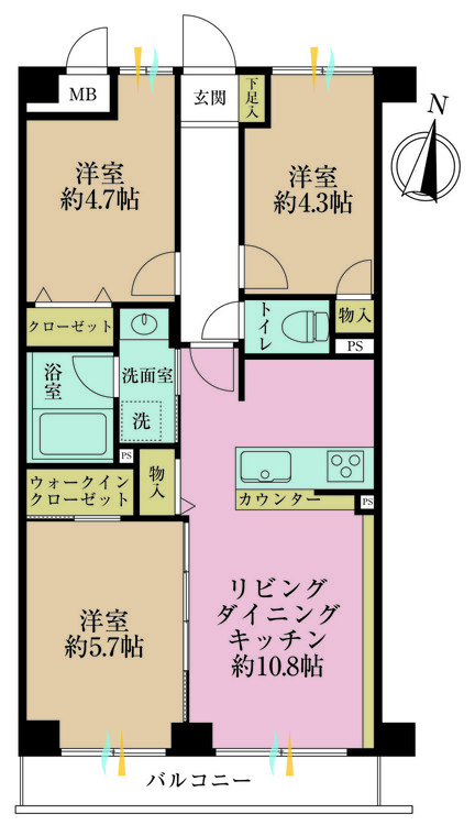 その他 3LDK、専有面積57.75m2、バルコニー面積4.95m2