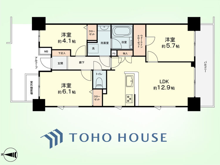 間取り 3LDK　専有面積64.05平米、バルコニー面積7.78平米