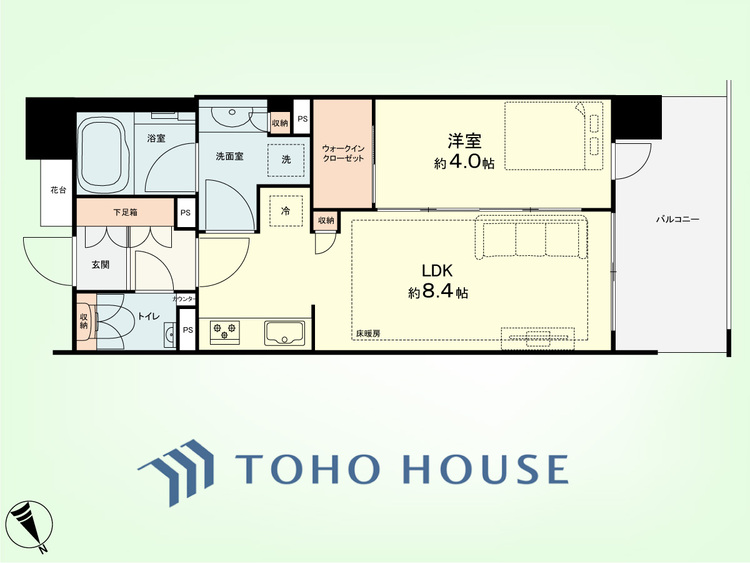 間取り 1LDK　専有面積32.23平米、バルコニー面積7.00平米