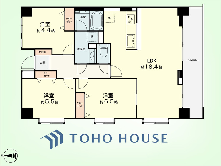 間取り 3LDK　専有面積74.48平米、バルコニー面積10.08平米