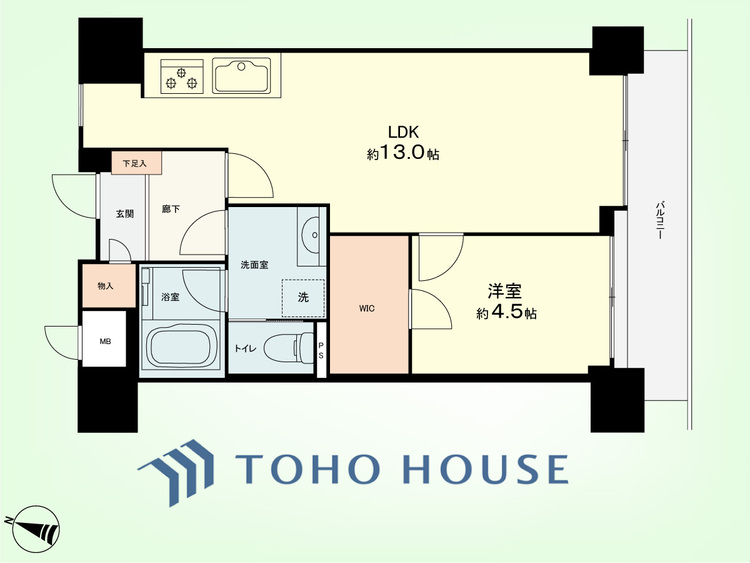 間取り 1LDK　専有面積43.81平米、バルコニー面積6.09平米