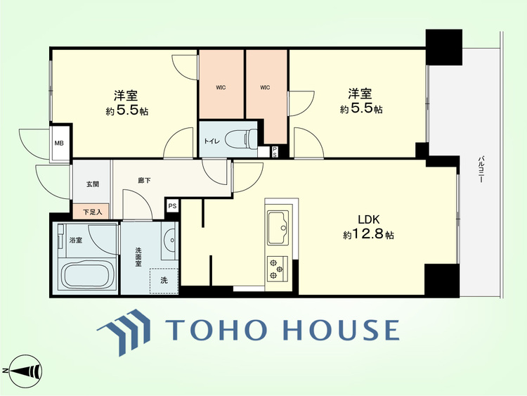 間取り 2LDK　専有面積55.55平米、バルコニー面積7.85平米
