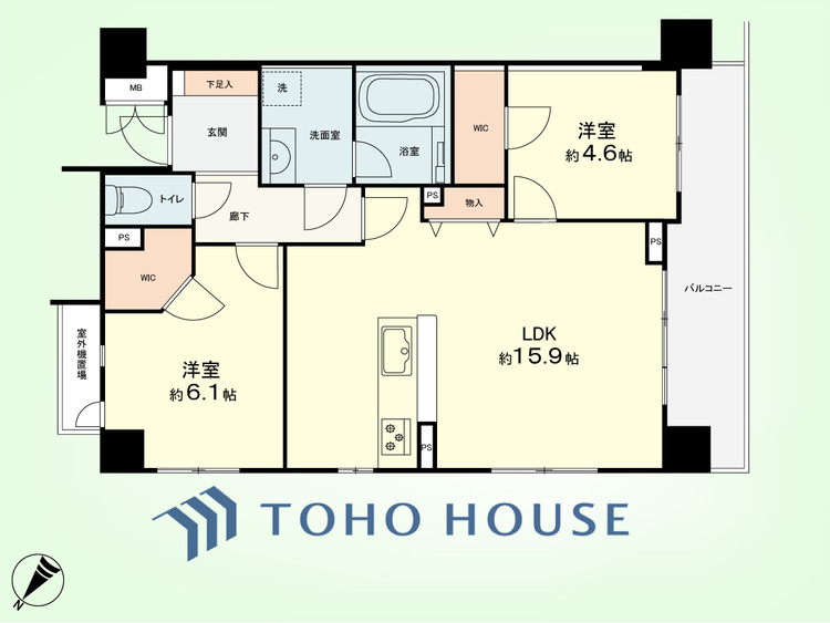 間取り 2LDK　専有面積61.65平米、バルコニー面積8.64平米