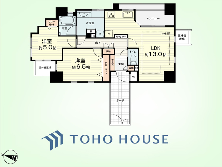 間取り 2LDK　専有面積61.33平米、バルコニー面積5.90平米