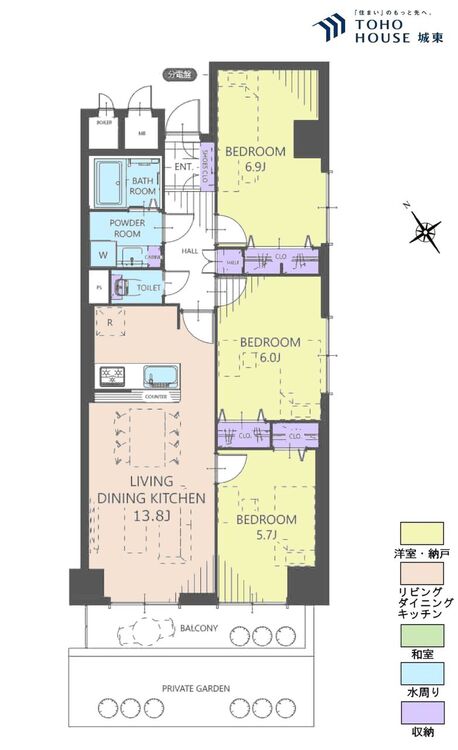 間取り ３ＬＤＫ、専有面積７５．０８平米、バルコニー面積６．７２平米