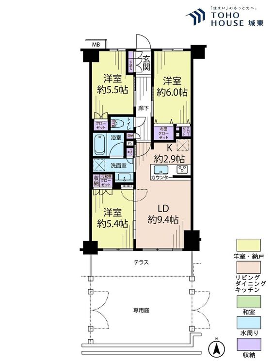 間取り ３ＬＤＫ、専有面積６４．９８平米、テラス面積８．５５平米、専用庭面積２２．８平米