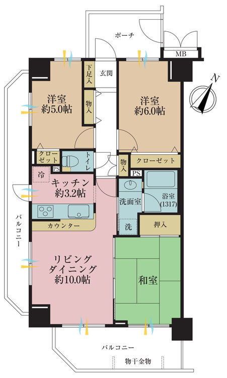 間取り ３ＬＤＫ、専有面積６５．８１平米、バルコニー面積１８．１平米