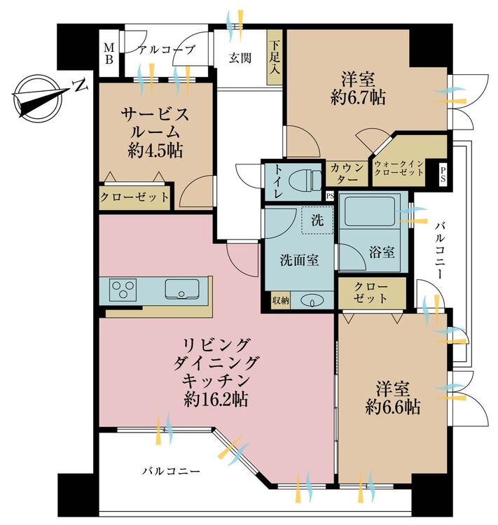 間取り 2LDK+S（納戸）、専有面積78.13m2、バルコニー面積13.67m2