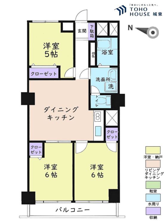 間取り ３ＤＫ、専有面積５８．８５平米、バルコニー面積５．５１平米