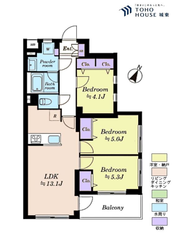 間取り ３ＬＤＫ、専有面積６４．３５平米、バルコニー面積５.７平米