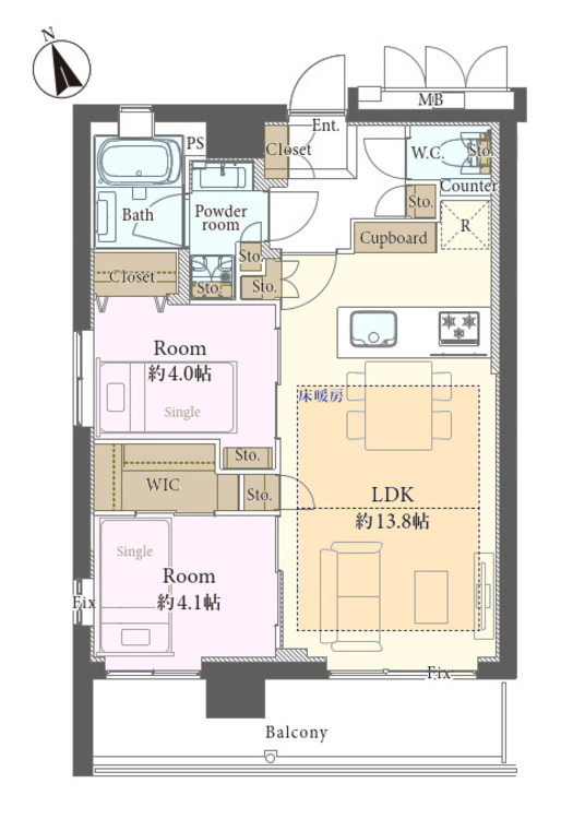 その他 2LDK、専有面積52.29m2、バルコニー面積9.45m2