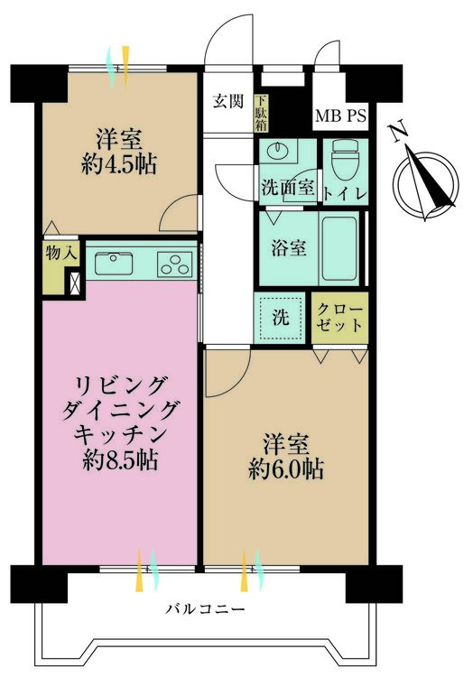 その他 2LDK、専有面積45.36m2、バルコニー面積7.1m2