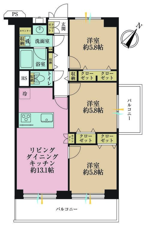 その他 3LDK、専有面積70.4m2、バルコニー面積13.3m2