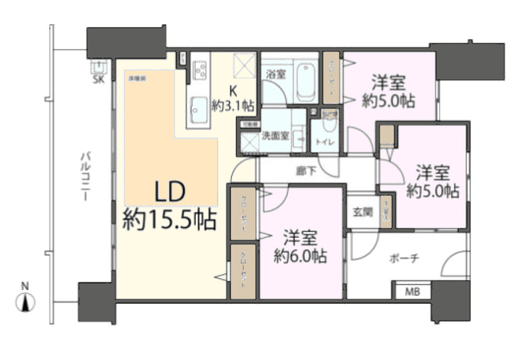 その他 3LDK、専有面積75.25m2、バルコニー面積15.45m2