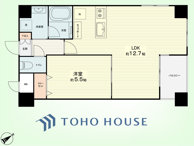 間取り 1LDK　専有面積45.65平米、バルコニー面積3.75平米