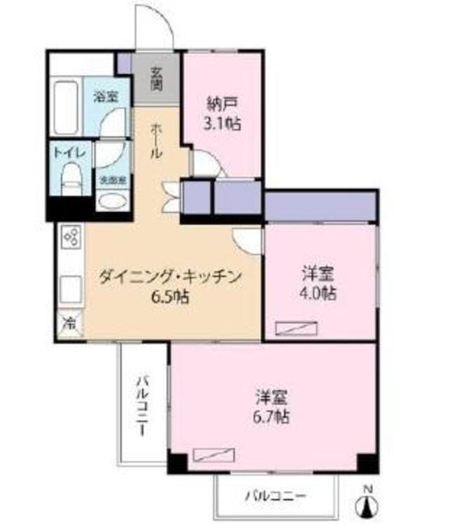 間取り ２ＳＤＫ、専有面積５０．７４平米、バルコニー面積確認中