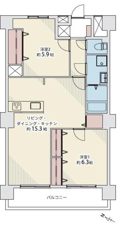 間取り ２ＬＤＫ、専有面積６３．９２平米、バルコニー面積８．８２平米