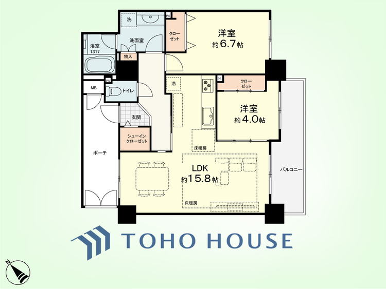 間取り 2LDK　専有面積62.26平米、バルコニー面積7.77平米