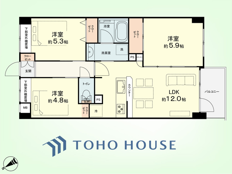 間取り 3LDK　専有面積60.38平米、バルコニー面積3.99平米
