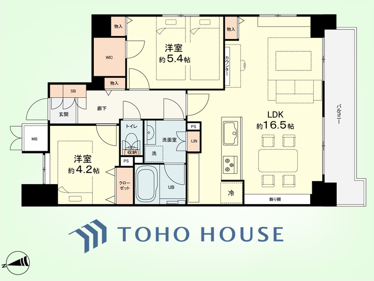 間取り 2LDK　専有面積60.46平米、バルコニー面積6.97平米